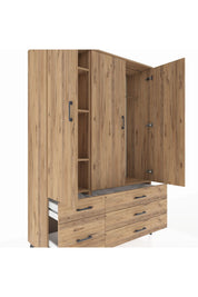 Hyperion Dolap 5 Raflı 5 Çekmeceli Tek Askılı 132x44x195 Çam-Çam/Çam