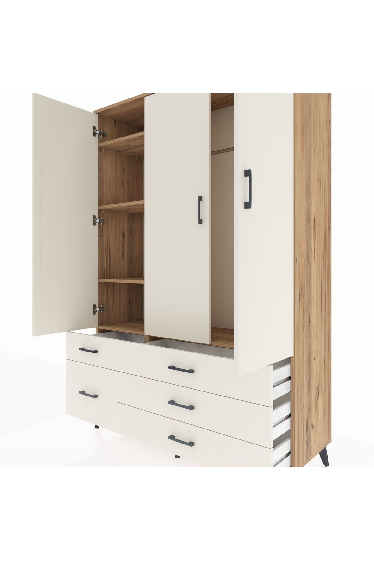 Hyperion Dolap 5 Raflı 5 Çekmeceli Tek Askılı 132x44x195 Çam-Aytaşı/Aytaşı