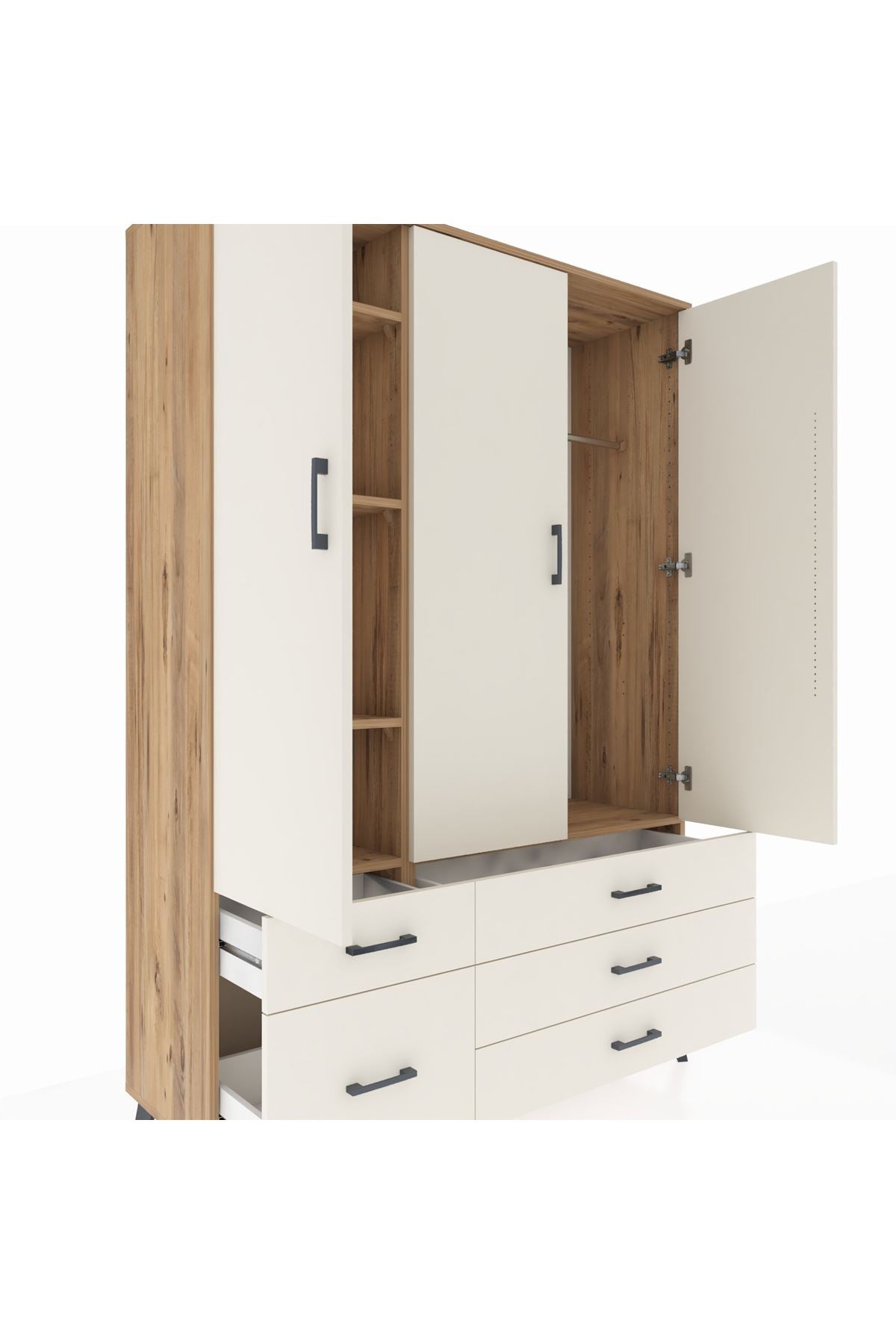 Hyperion Dolap 5 Raflı 5 Çekmeceli Tek Askılı 132x44x195 Çam-Aytaşı/Aytaşı