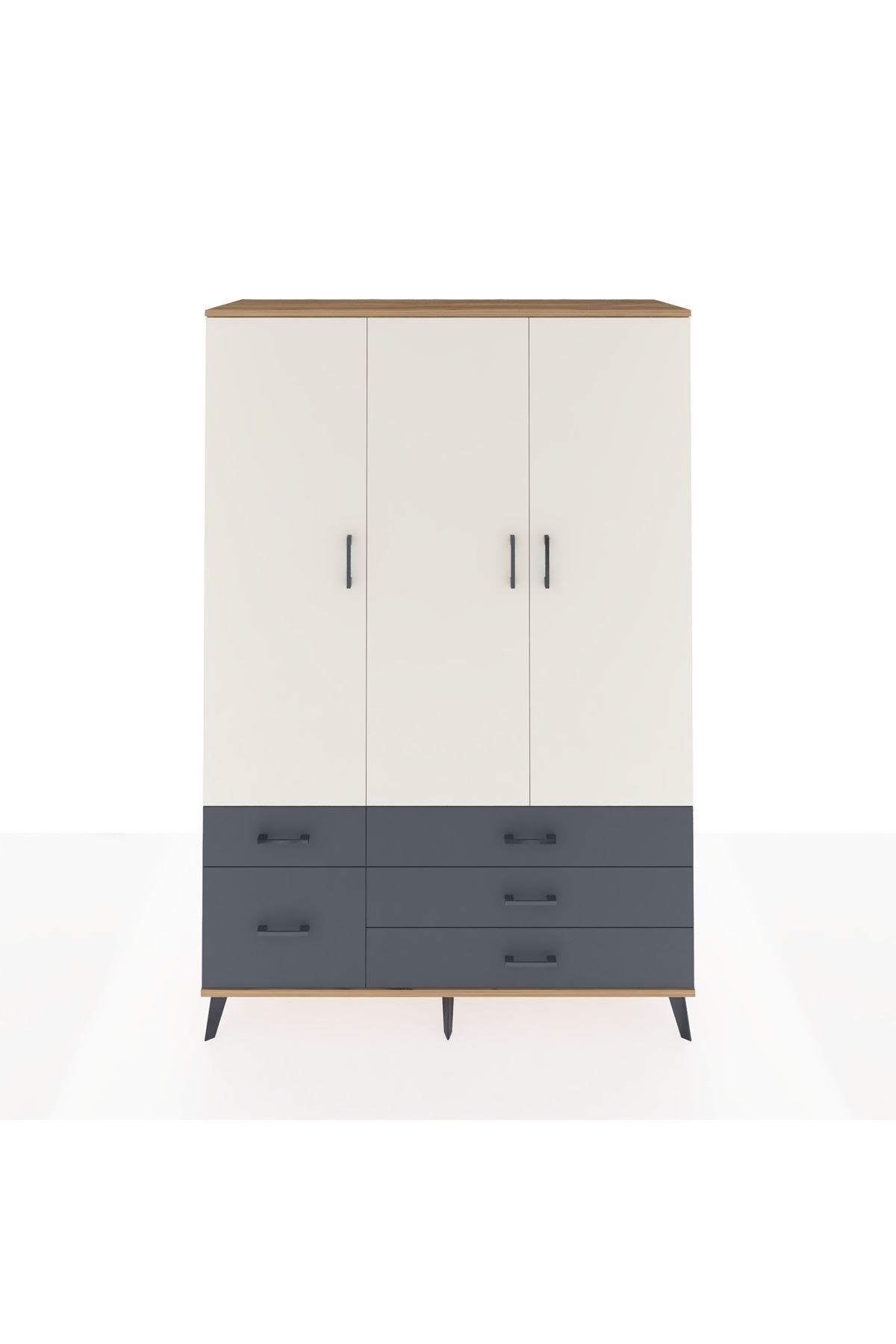 Hyperion Dolap 5 Raflı 5 Çekmeceli Tek Askılı 132x44x195 Çam-Aytaşı/Antrasit