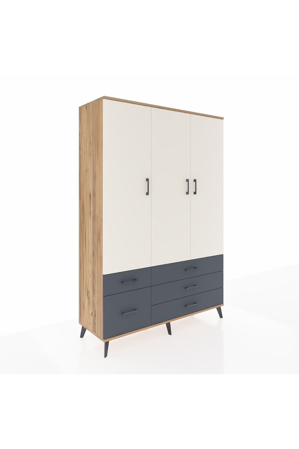 Hyperion Dolap 5 Raflı 5 Çekmeceli Tek Askılı 132x44x195 Çam-Aytaşı/Antrasit