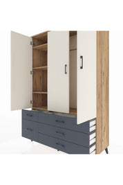 Hyperion Dolap 5 Raflı 5 Çekmeceli Tek Askılı 132x44x195 Çam-Aytaşı/Antrasit