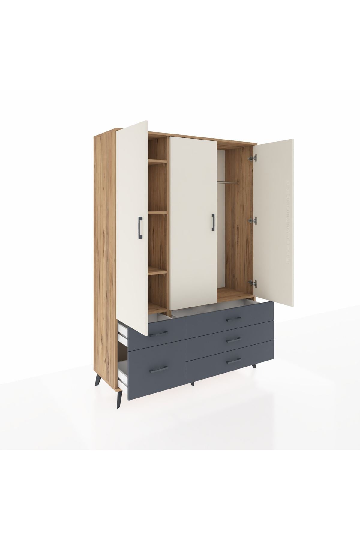 Hyperion Dolap 5 Raflı 5 Çekmeceli Tek Askılı 132x44x195 Çam-Aytaşı/Antrasit