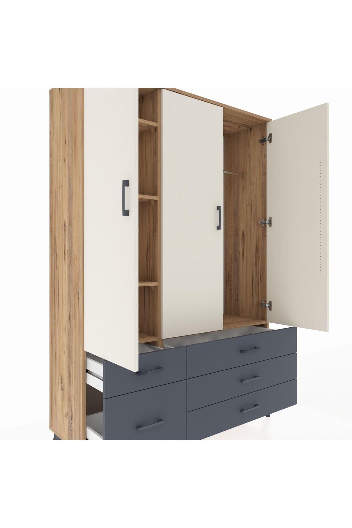 Hyperion Dolap 5 Raflı 5 Çekmeceli Tek Askılı 132x44x195 Çam-Aytaşı/Antrasit