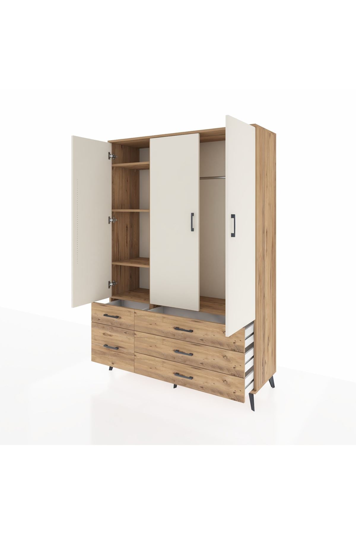 Hyperion Dolap 5 Raflı 5 Çekmeceli Tek Askılı 132x44x195 Çam-Aytaşı/Çam