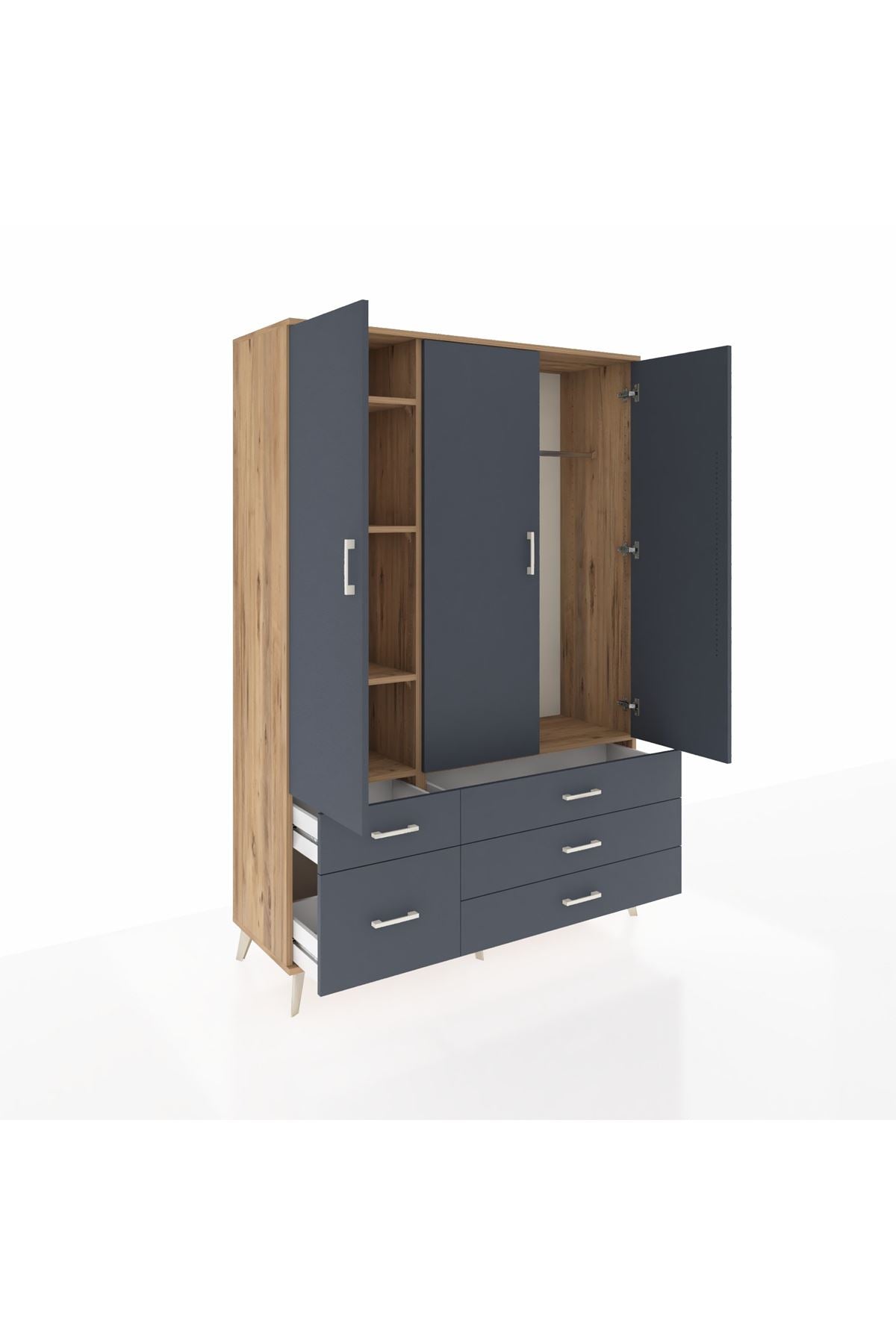 Hyperion Dolap 5 Raflı 5 Çekmeceli Tek Askılı 132x44x195 Çam-Antrasit/Antrasit