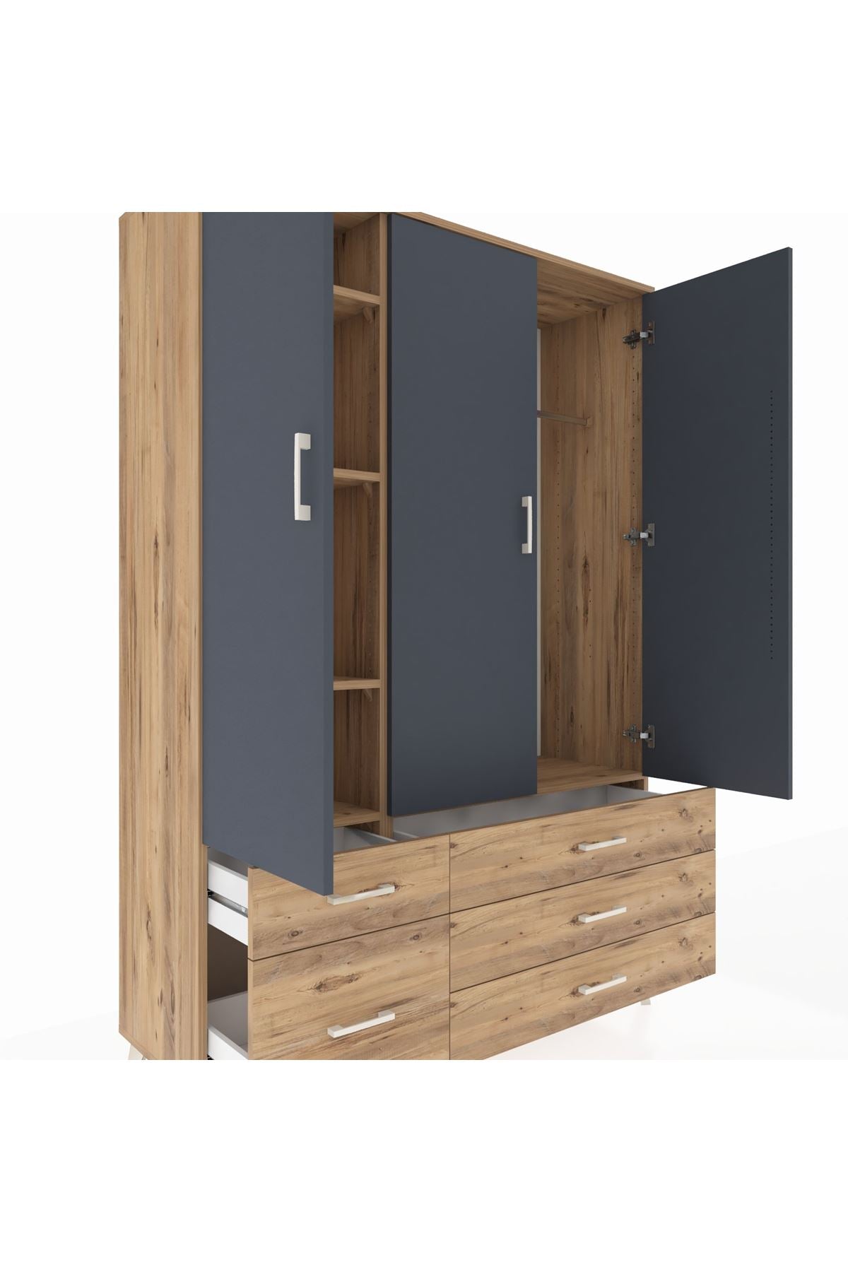 Hyperion Dolap 5 Raflı 5 Çekmeceli Tek Askılı 132x44x195 Çam-Antrasit/Çam