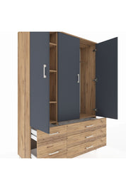 Hyperion Dolap 5 Raflı 5 Çekmeceli Tek Askılı 132x44x195 Çam-Antrasit/Çam