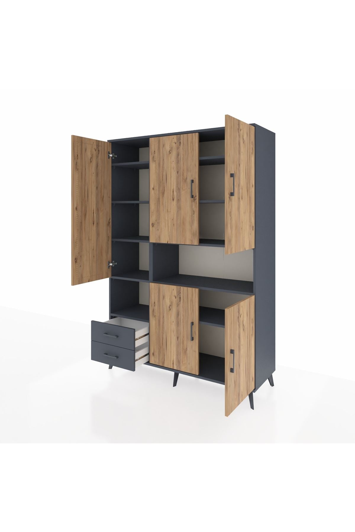 Hyperion Dolap 10 Raflı 2 Çekmeceli 5 Kapaklı 132x44x195 Antrasit-Çam/Antrasit