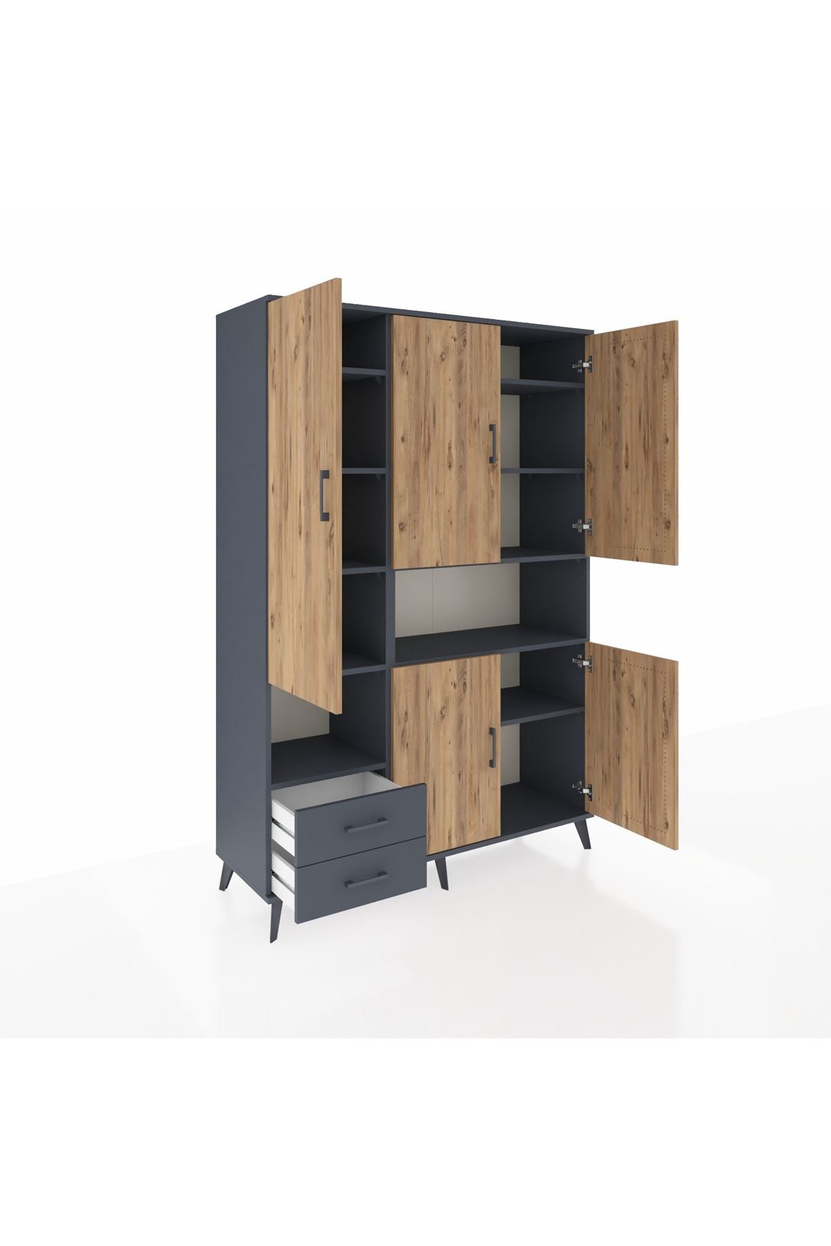 Hyperion Dolap 10 Raflı 2 Çekmeceli 5 Kapaklı 132x44x195 Antrasit-Çam/Antrasit