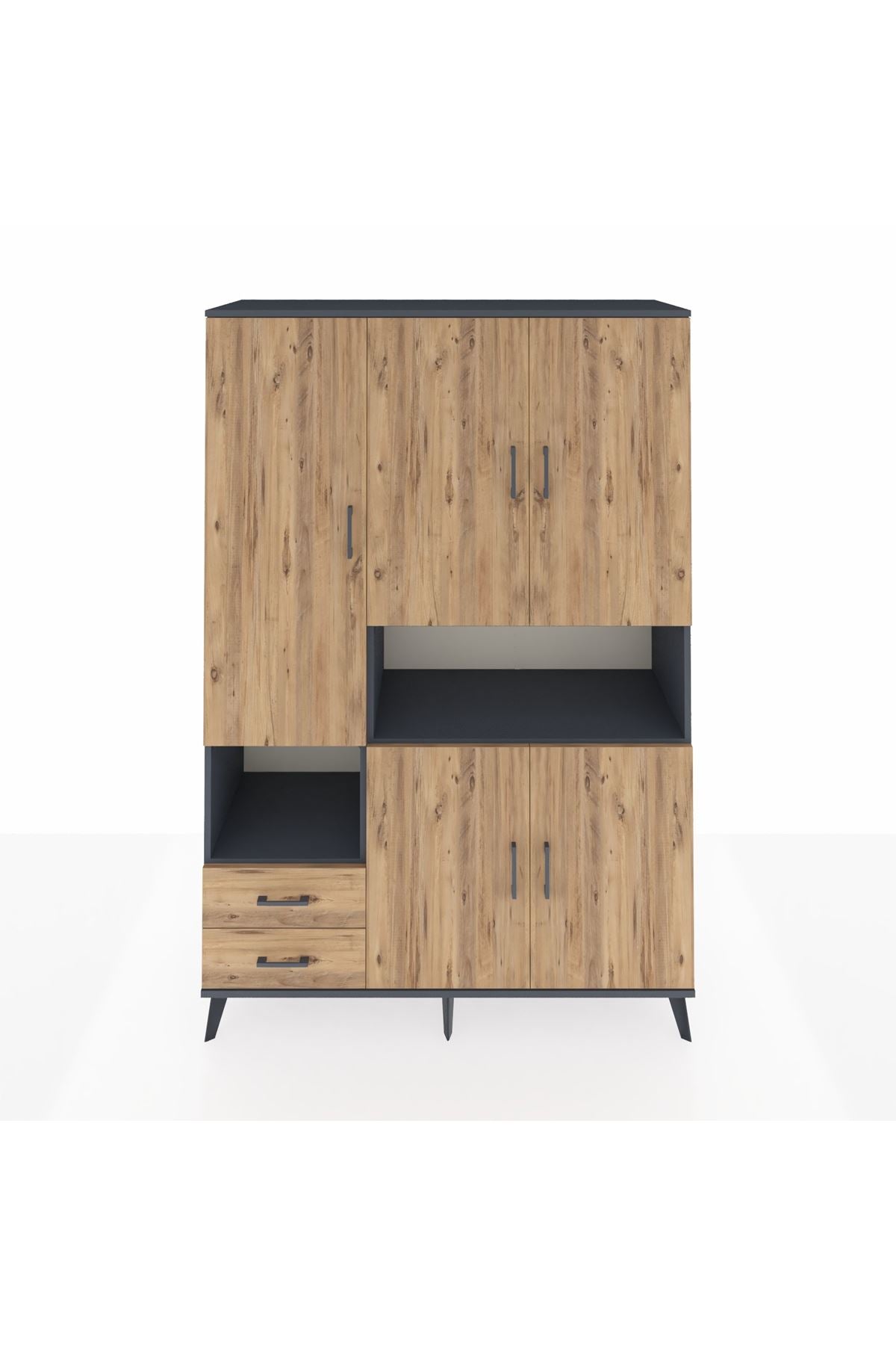 Hyperion Dolap 10 Raflı 2 Çekmeceli 5 Kapaklı 132x44x195 Antrasit-Çam/Çam