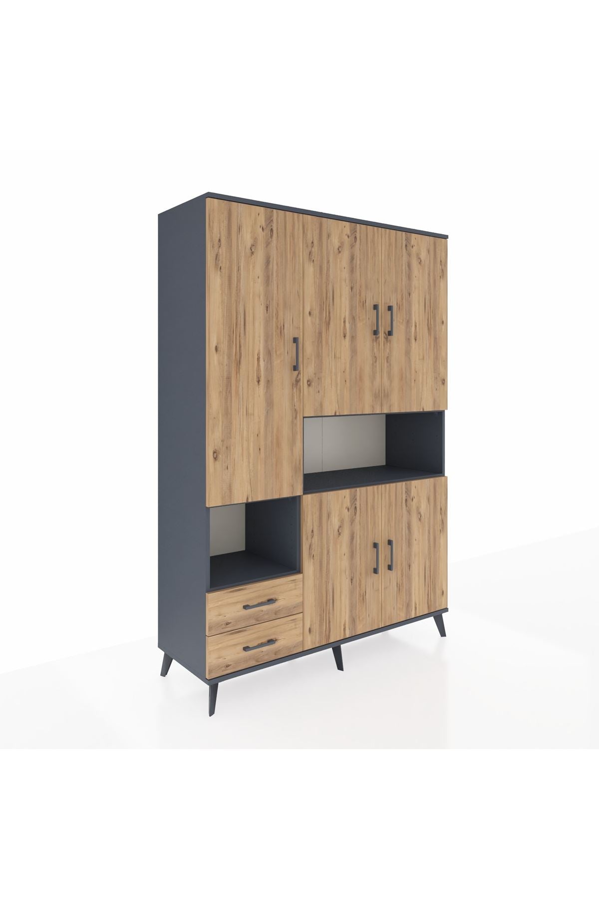 Hyperion Dolap 10 Raflı 2 Çekmeceli 5 Kapaklı 132x44x195 Antrasit-Çam/Çam