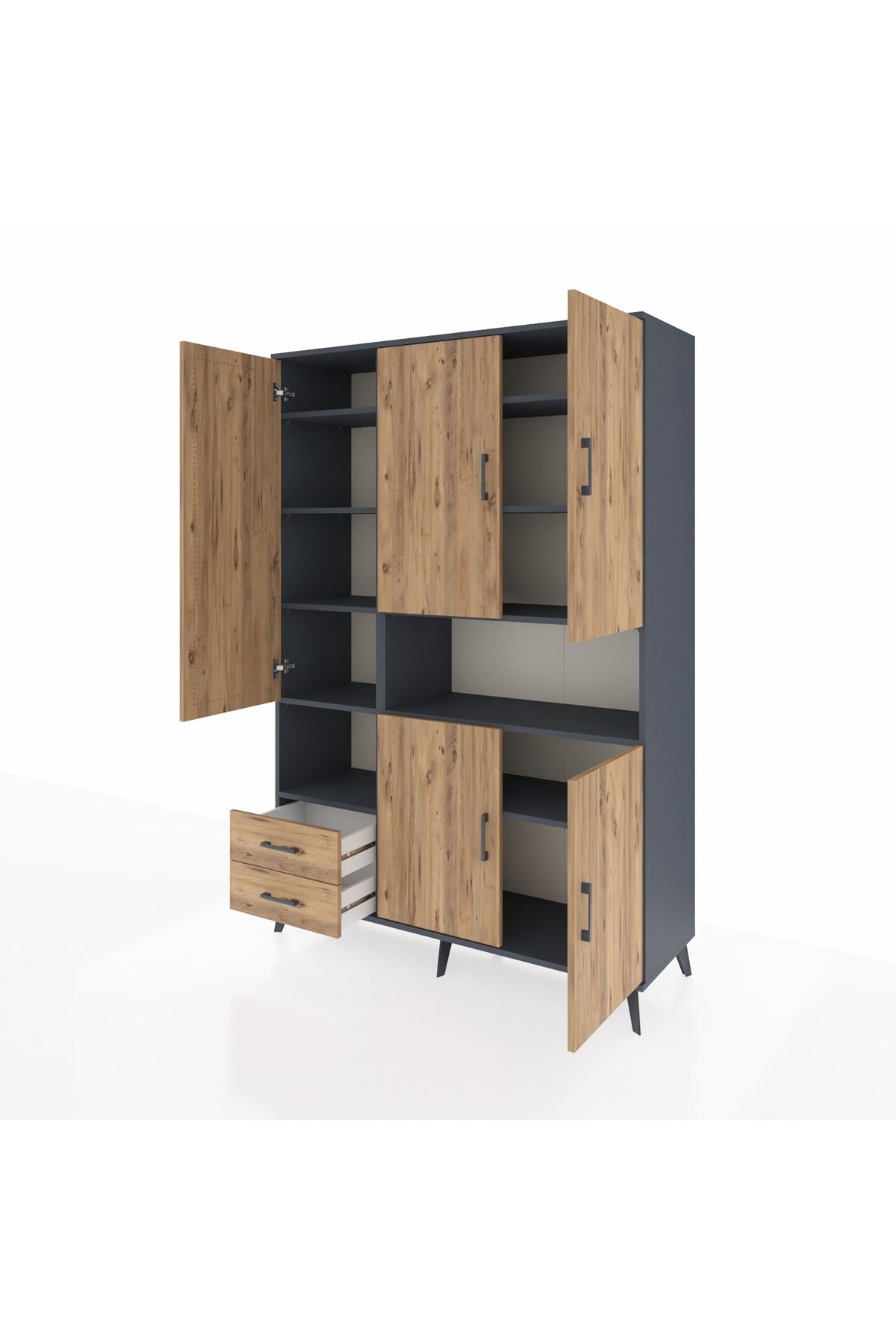 Hyperion Dolap 10 Raflı 2 Çekmeceli 5 Kapaklı 132x44x195 Antrasit-Çam/Çam