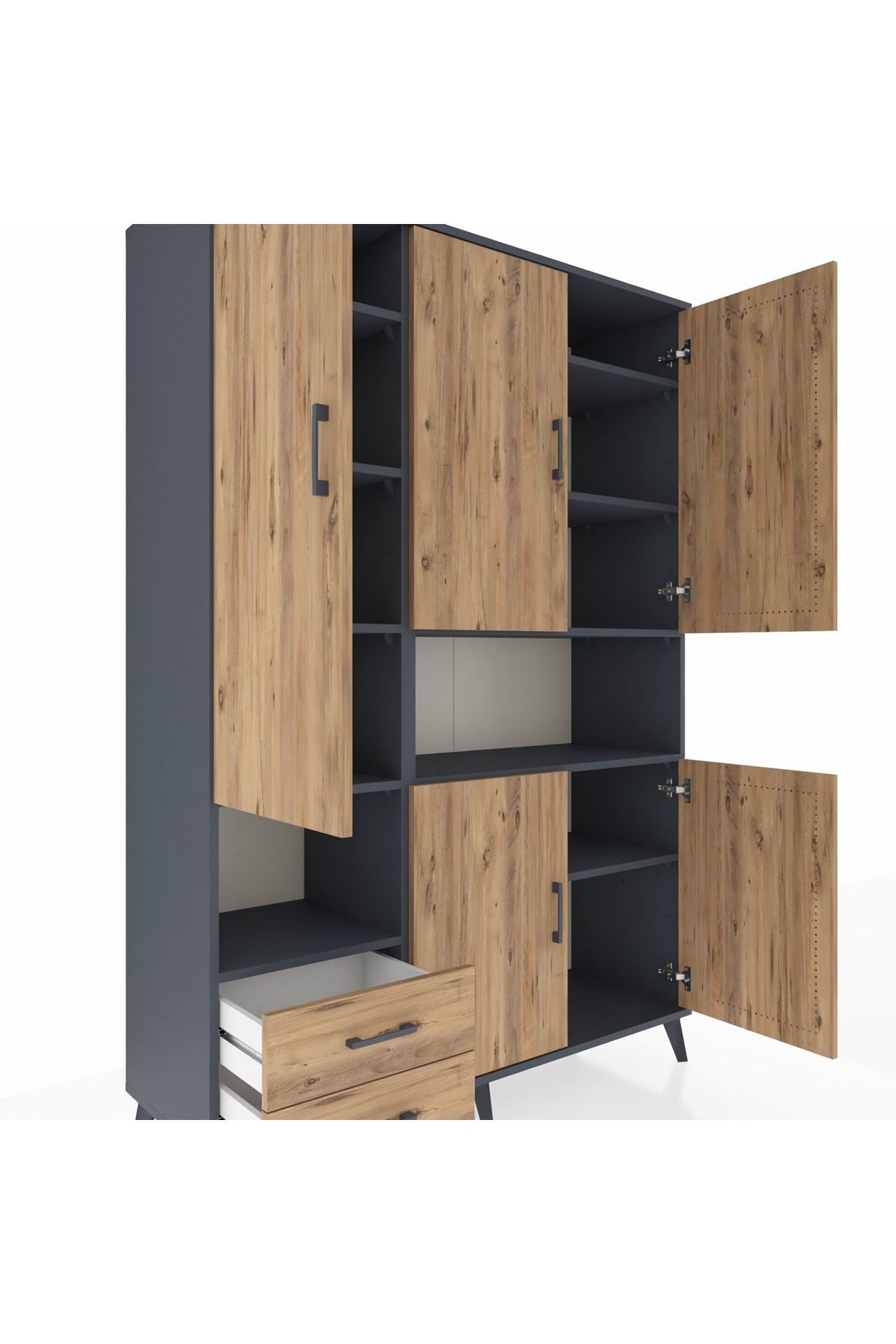 Hyperion Dolap 10 Raflı 2 Çekmeceli 5 Kapaklı 132x44x195 Antrasit-Çam/Çam