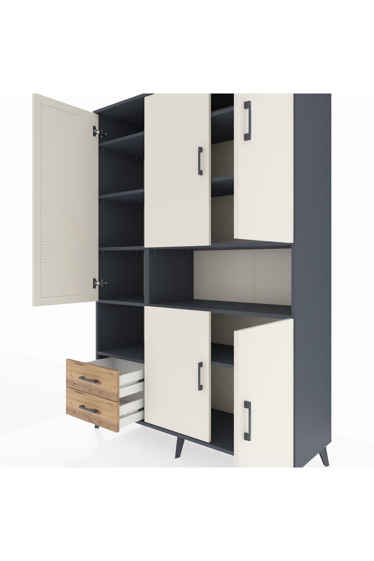 Hyperion Dolap 10 Raflı 2 Çekmeceli 5 Kapaklı 132x44x195 Antrasit-Aytaşı/Çam