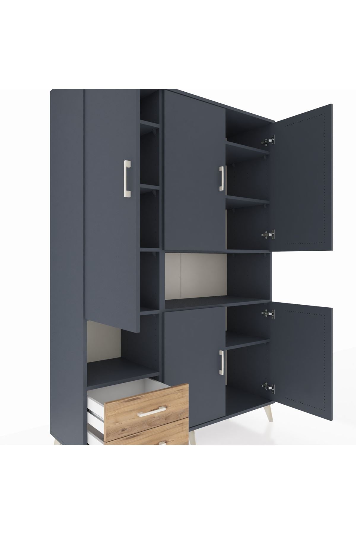 Hyperion Dolap 10 Raflı 2 Çekmeceli 5 Kapaklı 132x44x195 Antrasit-Antrasit/Çam