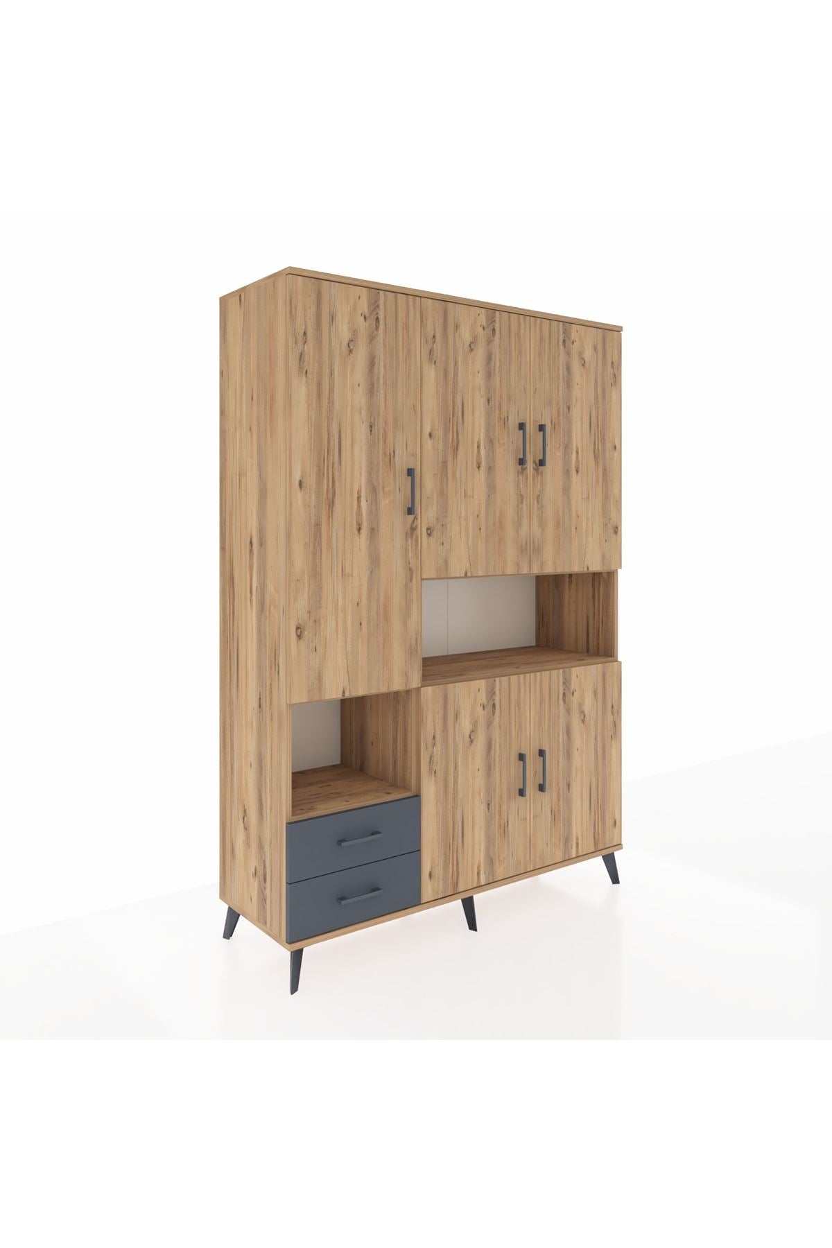 Hyperion Dolap 10 Raflı 2 Çekmeceli 5 Kapaklı 132x44x195 Çam-Çam/Antrasit