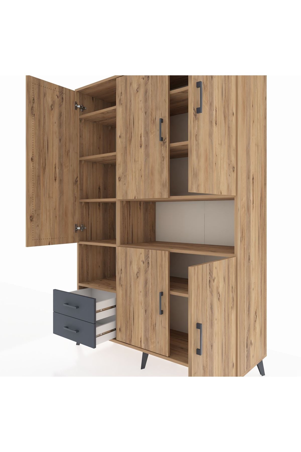 Hyperion Dolap 10 Raflı 2 Çekmeceli 5 Kapaklı 132x44x195 Çam-Çam/Antrasit