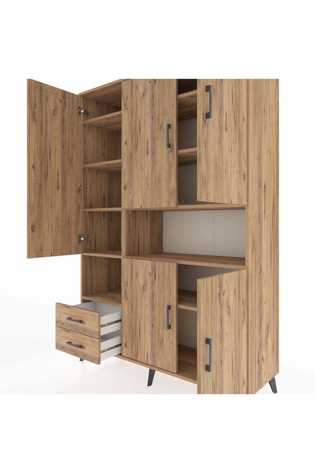 Hyperion Dolap 10 Raflı 2 Çekmeceli 5 Kapaklı 132x44x195 Çam-Çam/Çam