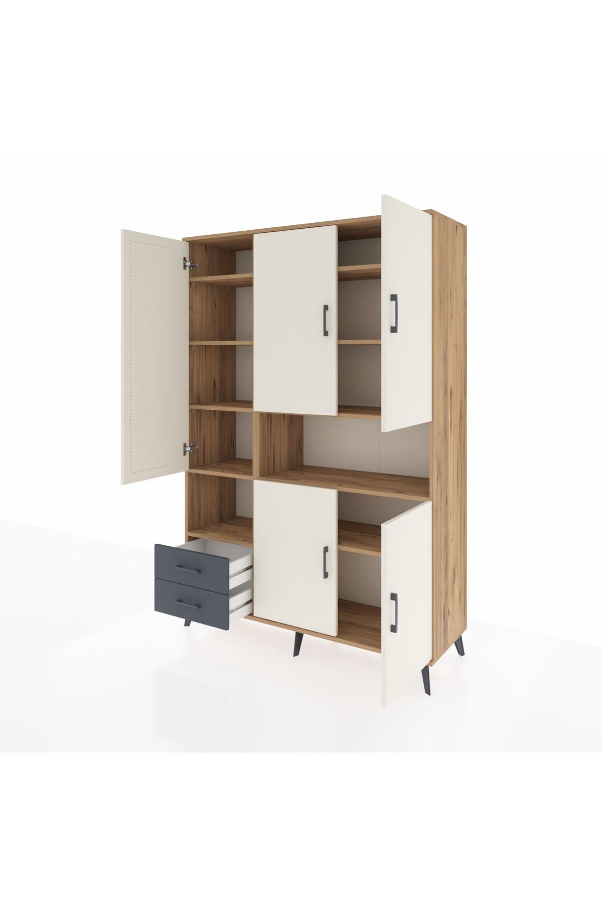 Hyperion Dolap 10 Raflı 2 Çekmeceli 5 Kapaklı 132x44x195 Çam-Aytaşı/Antrasit