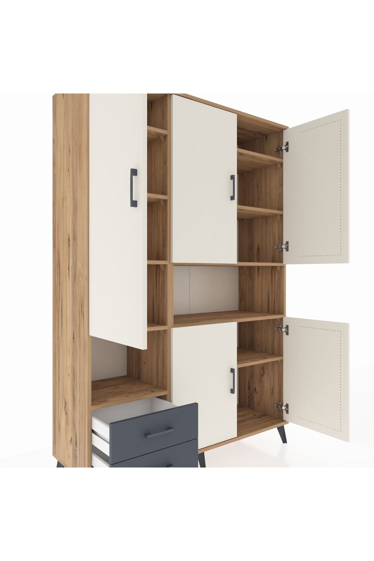 Hyperion Dolap 10 Raflı 2 Çekmeceli 5 Kapaklı 132x44x195 Çam-Aytaşı/Antrasit