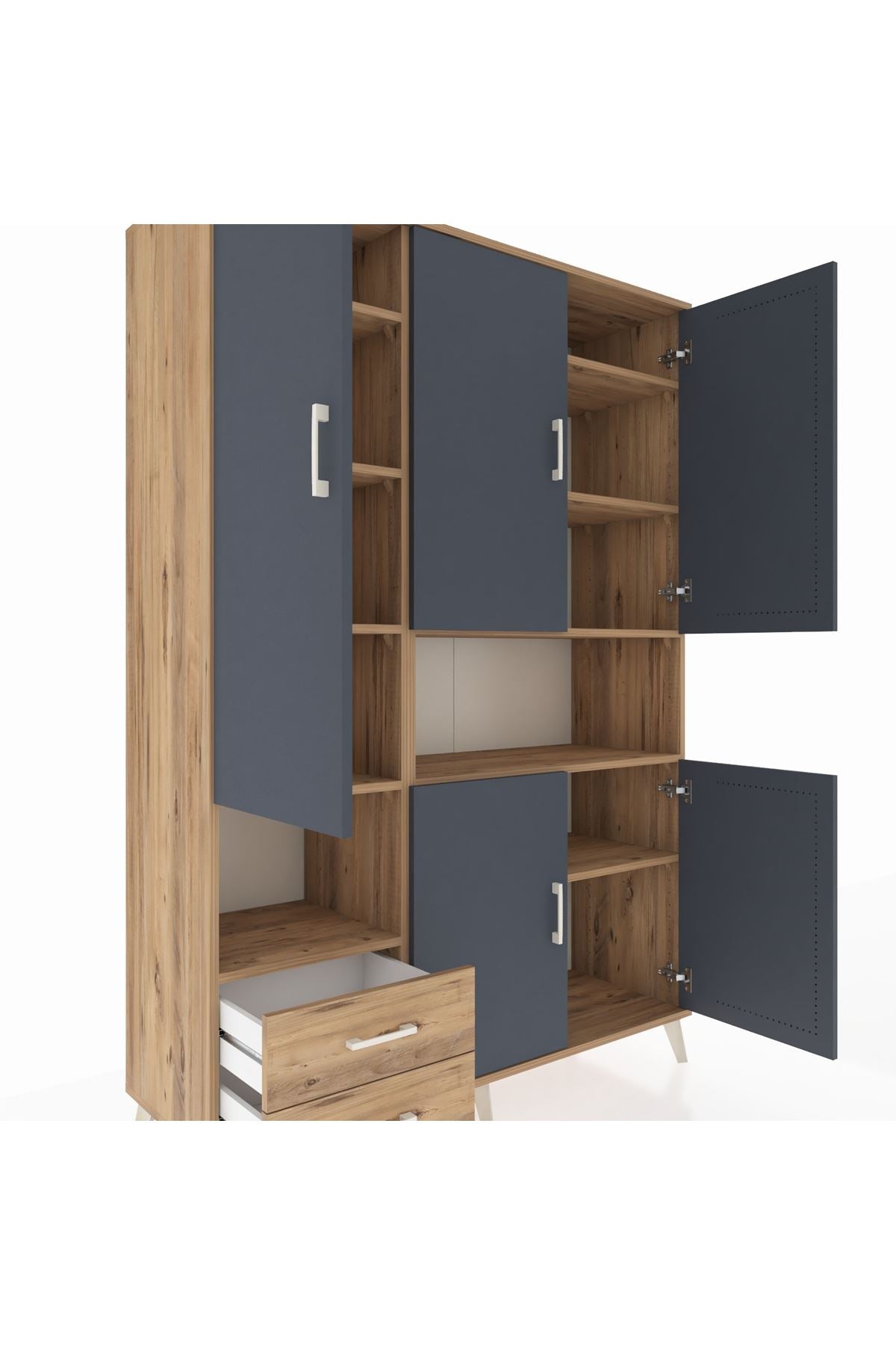 Hyperion Dolap 10 Raflı 2 Çekmeceli 5 Kapaklı 132x44x195 Çam-Antrasit/Çam