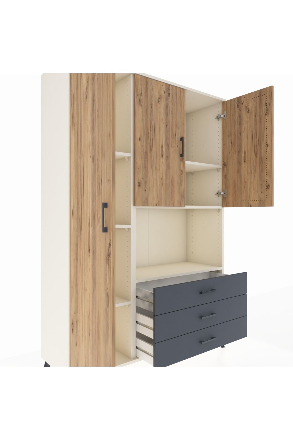 Hyperion Dolap 6 Raflı 3 Çekmeceli 3 Kapaklı 132x44x195 Aytaşı-Çam/Antrasit