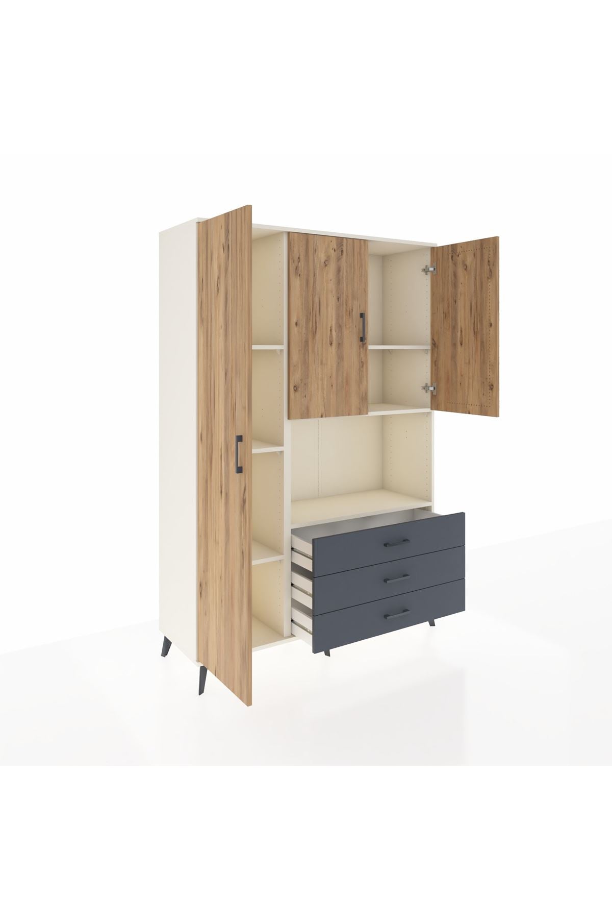 Hyperion Dolap 6 Raflı 3 Çekmeceli 3 Kapaklı 132x44x195 Aytaşı-Çam/Antrasit