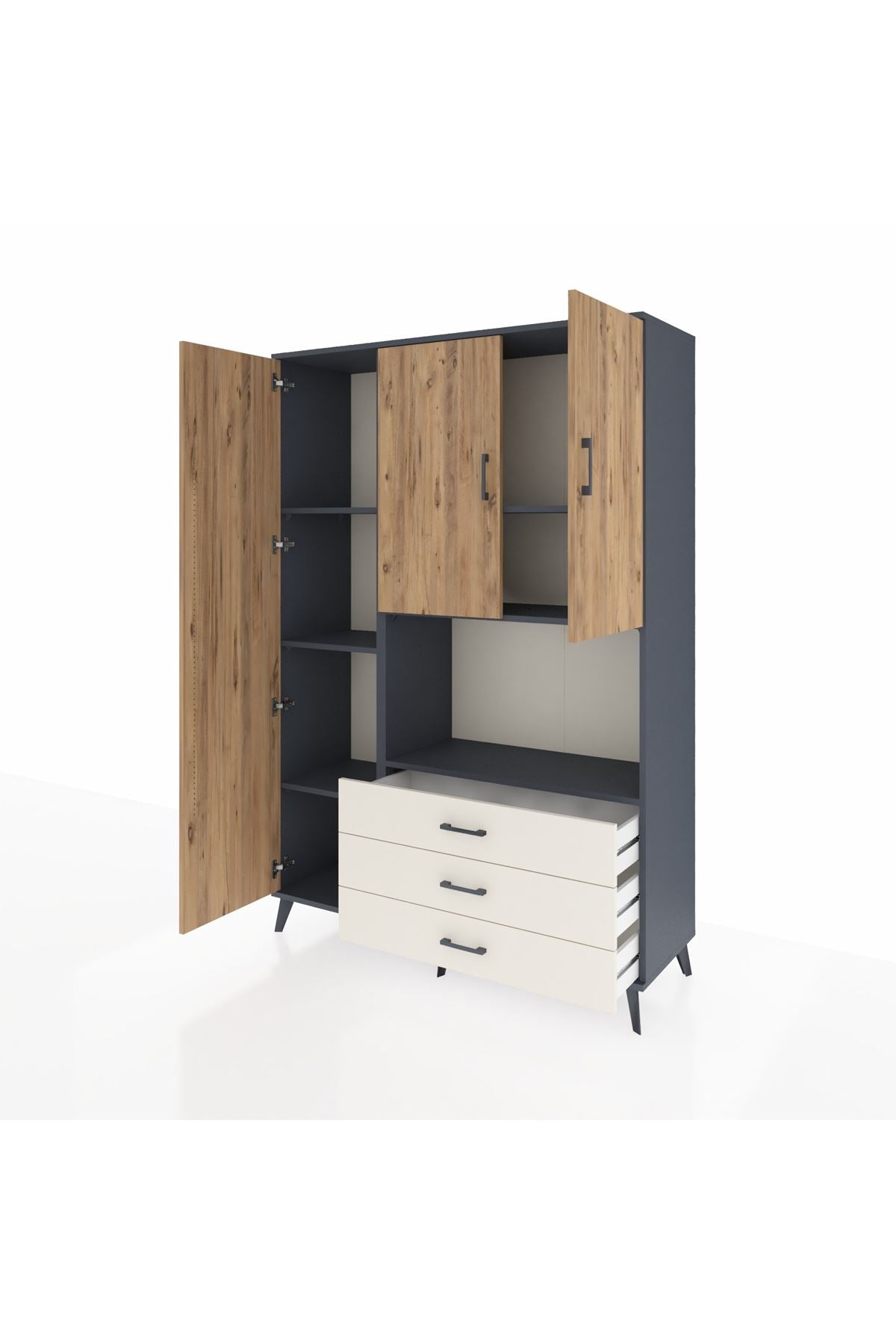 Hyperion Dolap 6 Raflı 3 Çekmeceli 3 Kapaklı 132x44x195 Antrasit-Çam/Aytaşı