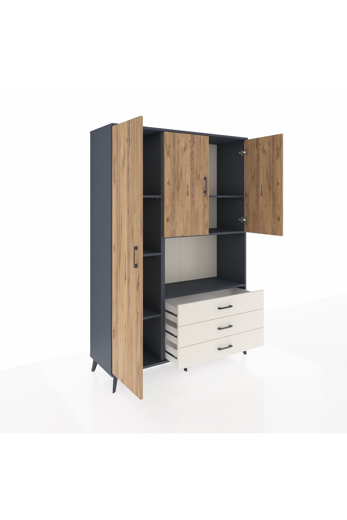 Hyperion Dolap 6 Raflı 3 Çekmeceli 3 Kapaklı 132x44x195 Antrasit-Çam/Aytaşı