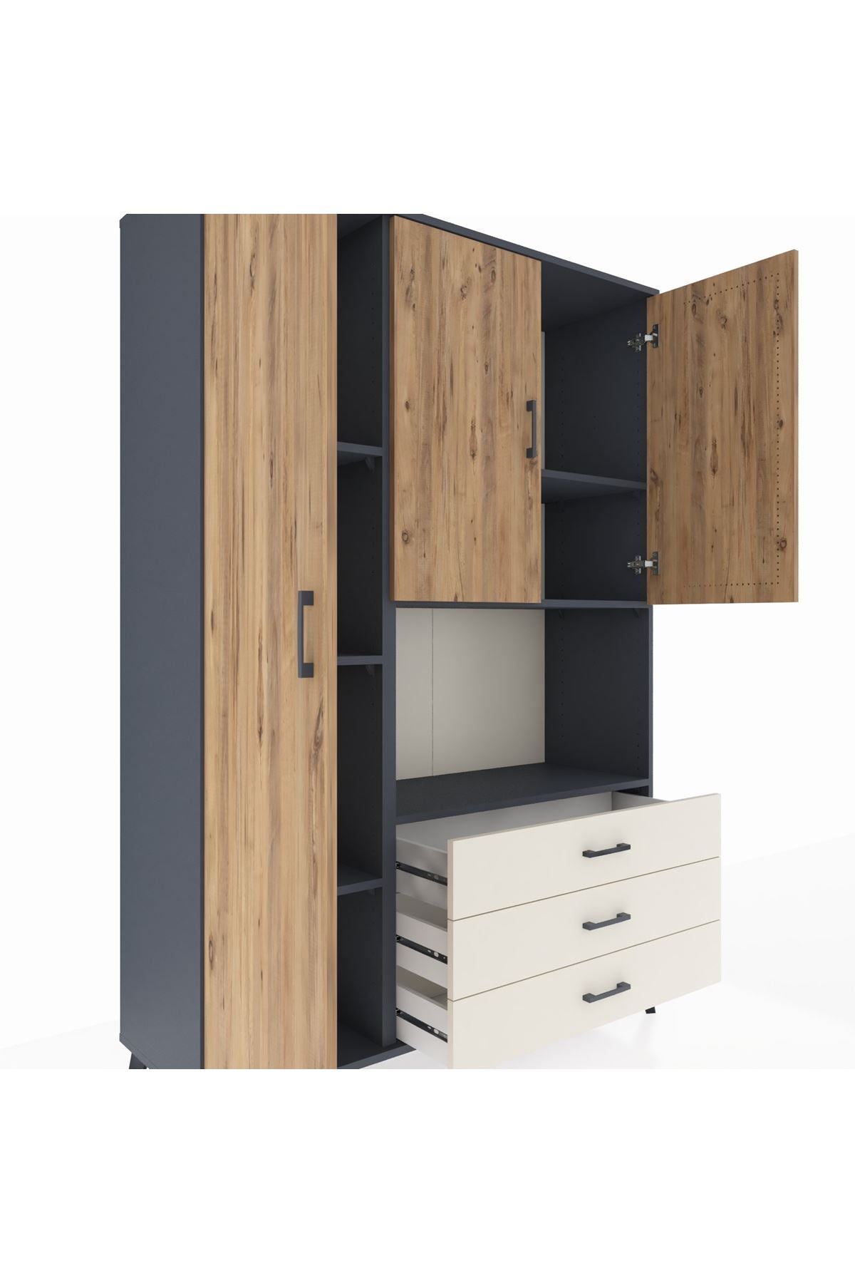 Hyperion Dolap 6 Raflı 3 Çekmeceli 3 Kapaklı 132x44x195 Antrasit-Çam/Aytaşı