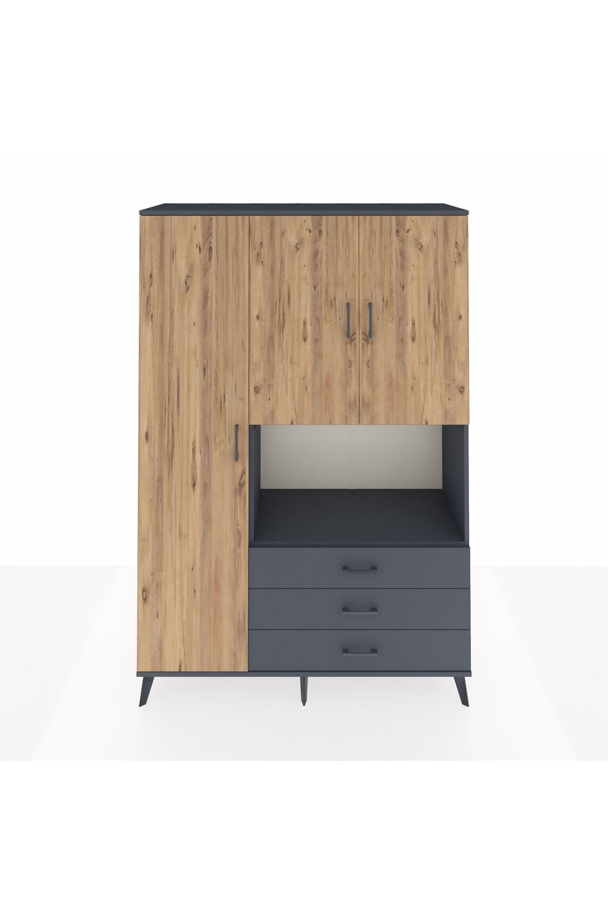 Hyperion Dolap 6 Raflı 3 Çekmeceli 3 Kapaklı 132x44x195 Antrasit-Çam/Antrasit