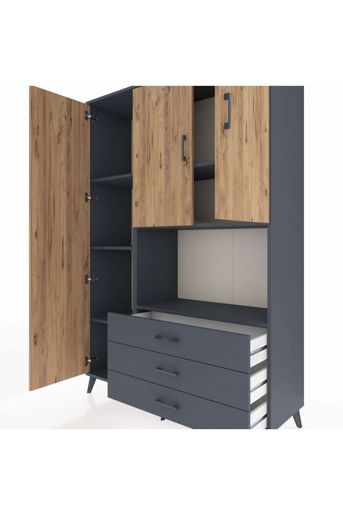 Hyperion Dolap 6 Raflı 3 Çekmeceli 3 Kapaklı 132x44x195 Antrasit-Çam/Antrasit