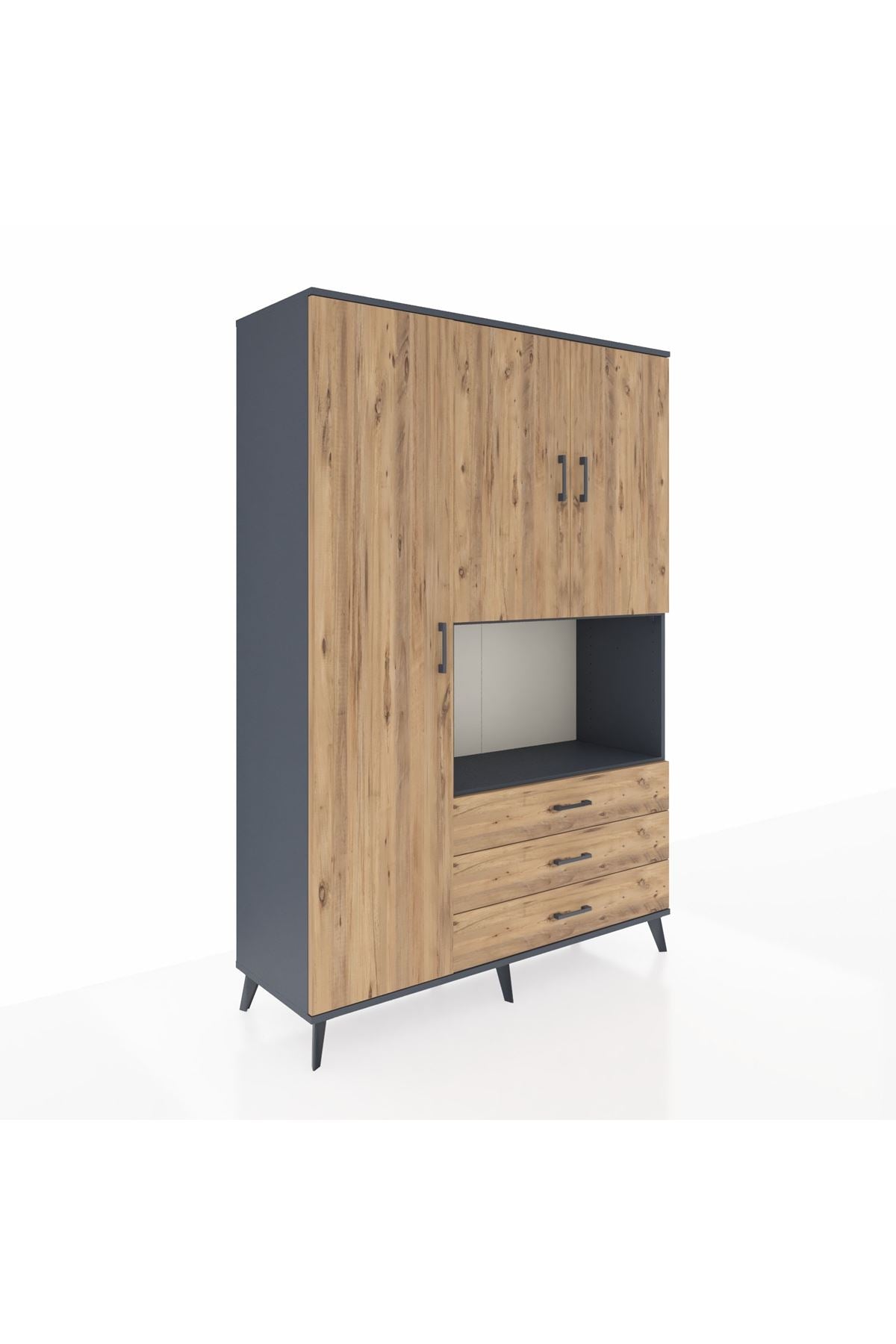 Hyperion Dolap 6 Raflı 3 Çekmeceli 3 Kapaklı 132x44x195 Antrasit-Çam/Çam