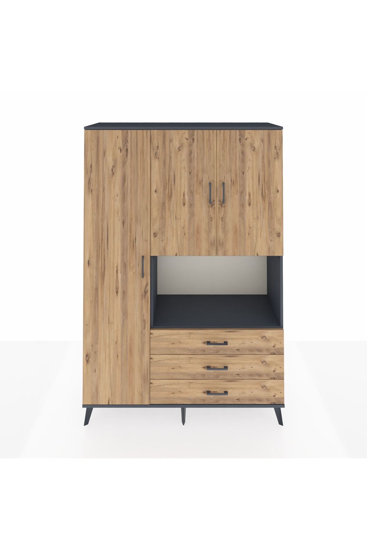 Hyperion Dolap 6 Raflı 3 Çekmeceli 3 Kapaklı 132x44x195 Antrasit-Çam/Çam