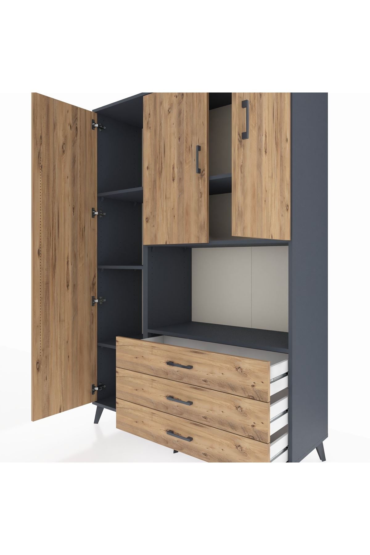 Hyperion Dolap 6 Raflı 3 Çekmeceli 3 Kapaklı 132x44x195 Antrasit-Çam/Çam