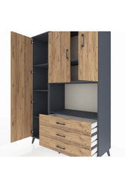 Hyperion Dolap 6 Raflı 3 Çekmeceli 3 Kapaklı 132x44x195 Antrasit-Çam/Çam