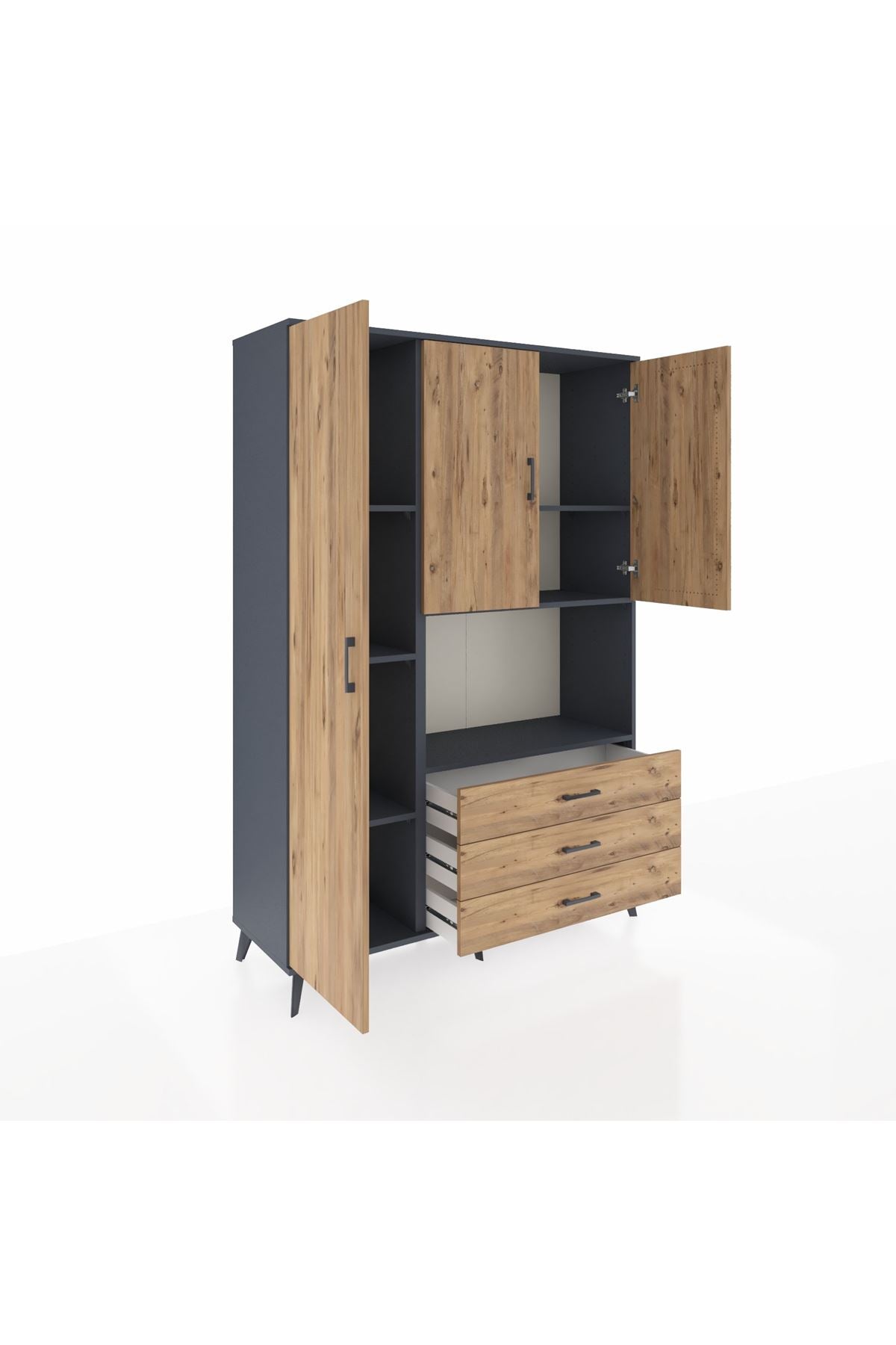 Hyperion Dolap 6 Raflı 3 Çekmeceli 3 Kapaklı 132x44x195 Antrasit-Çam/Çam