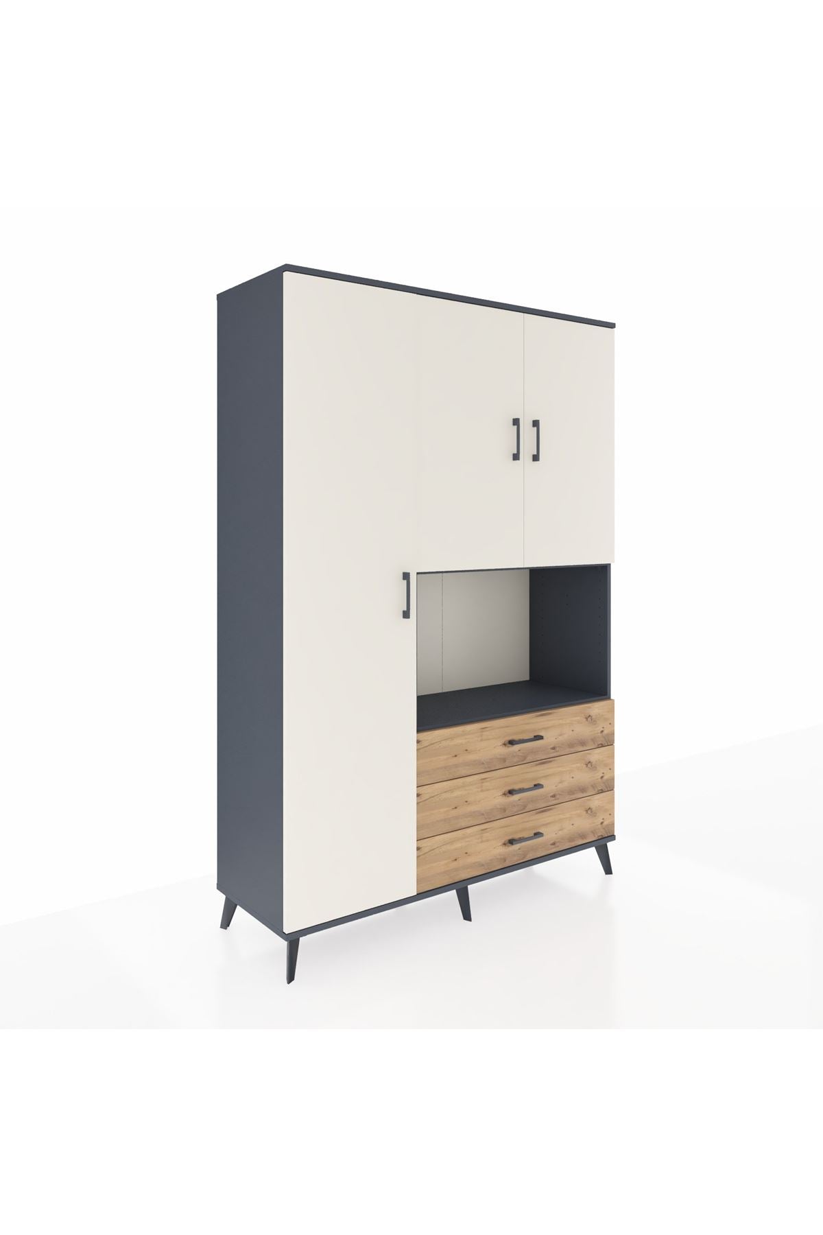 Hyperion Dolap 6 Raflı 3 Çekmeceli 3 Kapaklı 132x44x195 Antrasit-Aytaşı/Çam