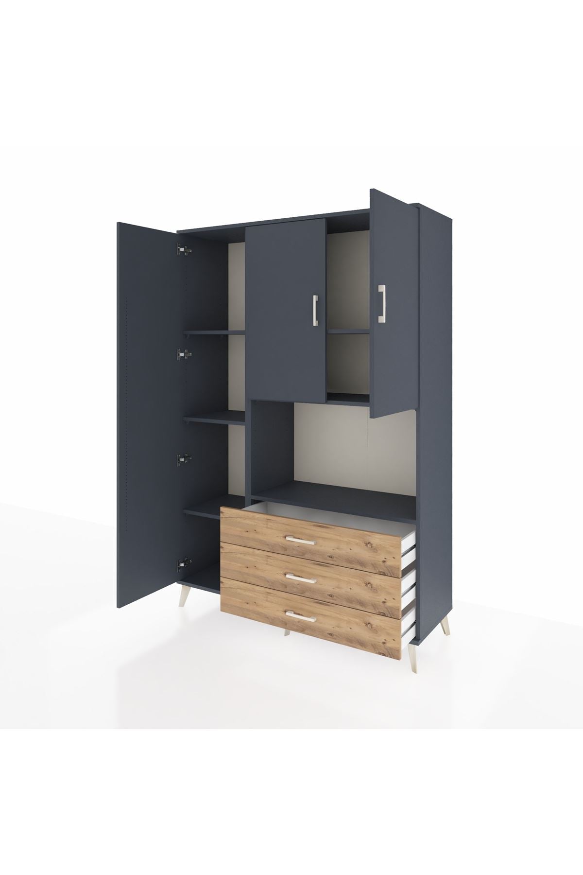 Hyperion Dolap 6 Raflı 3 Çekmeceli 3 Kapaklı 132x44x195 Antrasit-Antrasit/Çam