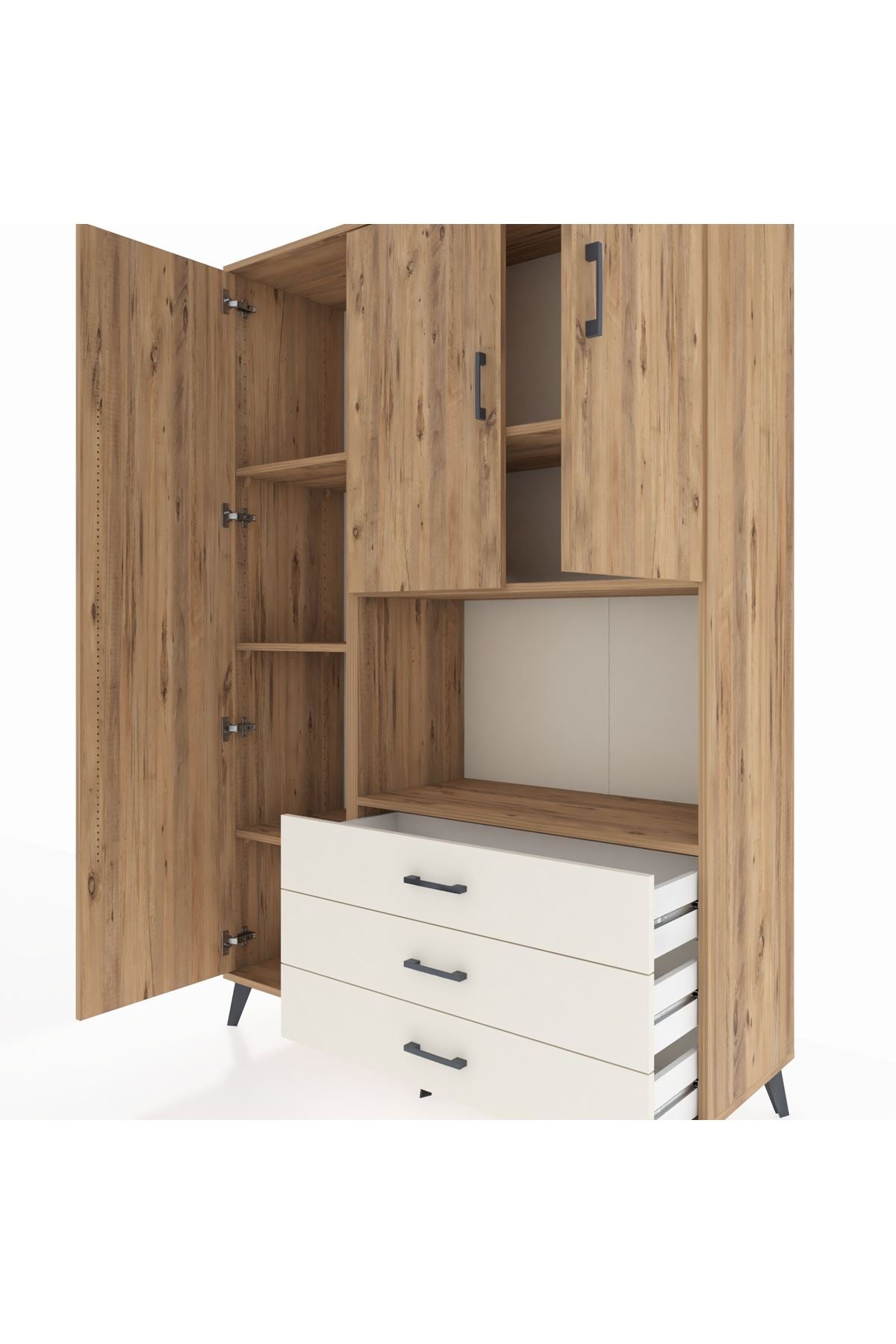 Hyperion Dolap 6 Raflı 3 Çekmeceli 3 Kapaklı 132x44x195 Çam-Çam/Aytaşı