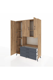 Hyperion Dolap 6 Raflı 3 Çekmeceli 3 Kapaklı 132x44x195 Çam-Çam/Antrasit