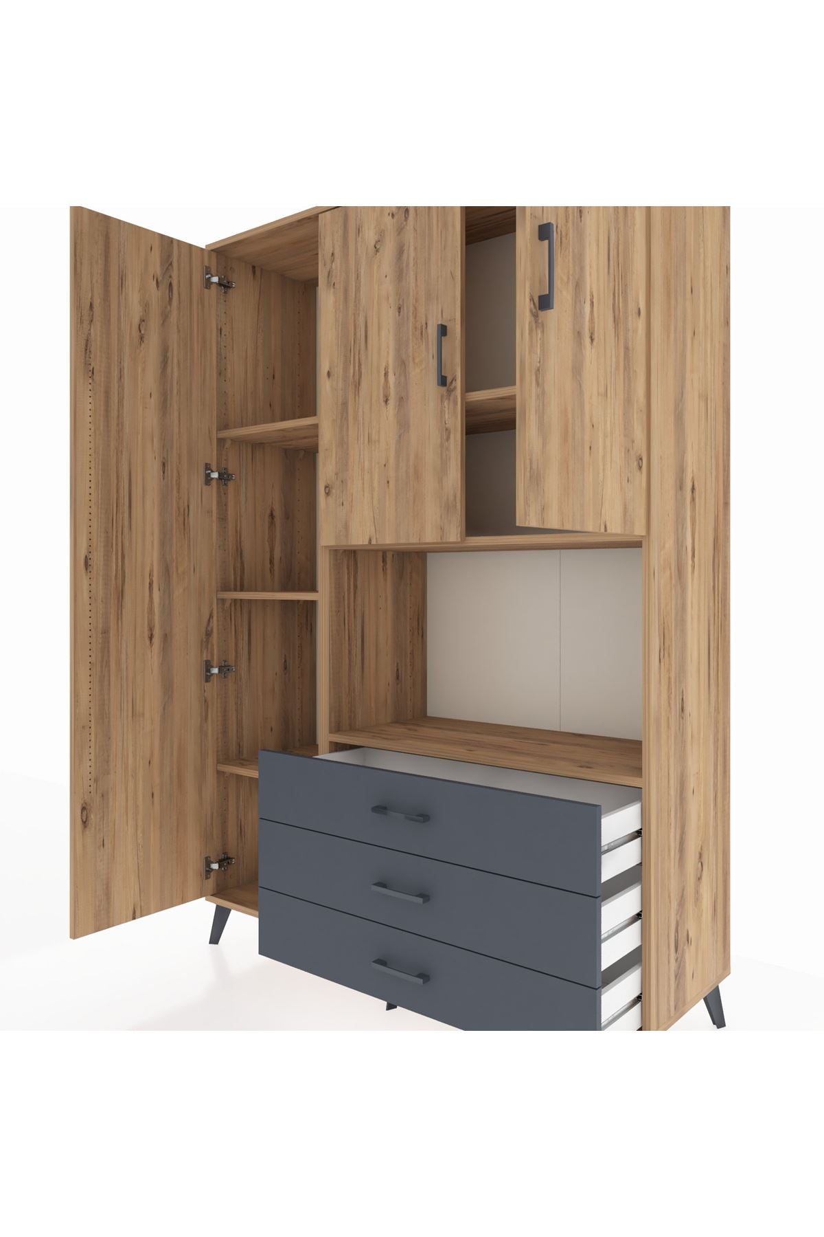 Hyperion Dolap 6 Raflı 3 Çekmeceli 3 Kapaklı 132x44x195 Çam-Çam/Antrasit