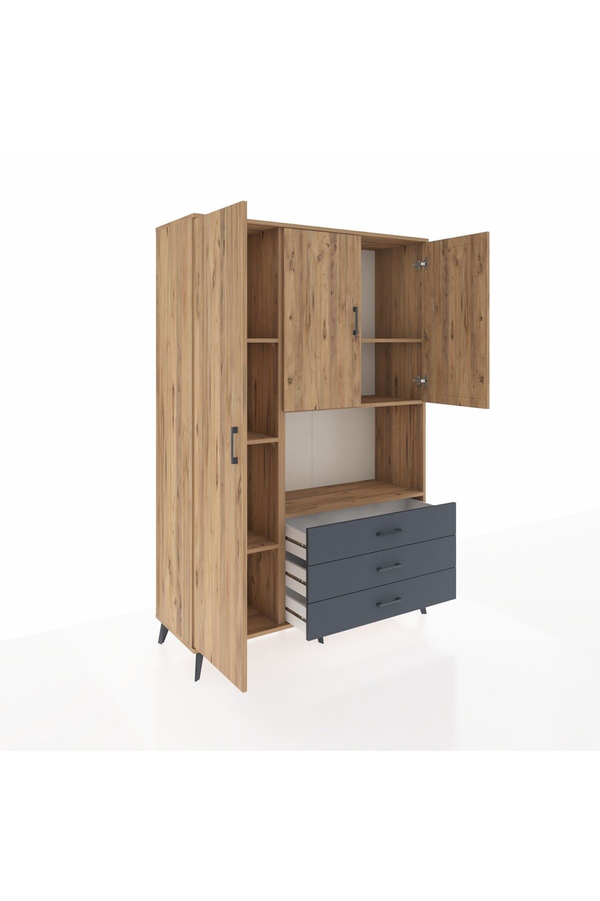 Hyperion Dolap 6 Raflı 3 Çekmeceli 3 Kapaklı 132x44x195 Çam-Çam/Antrasit