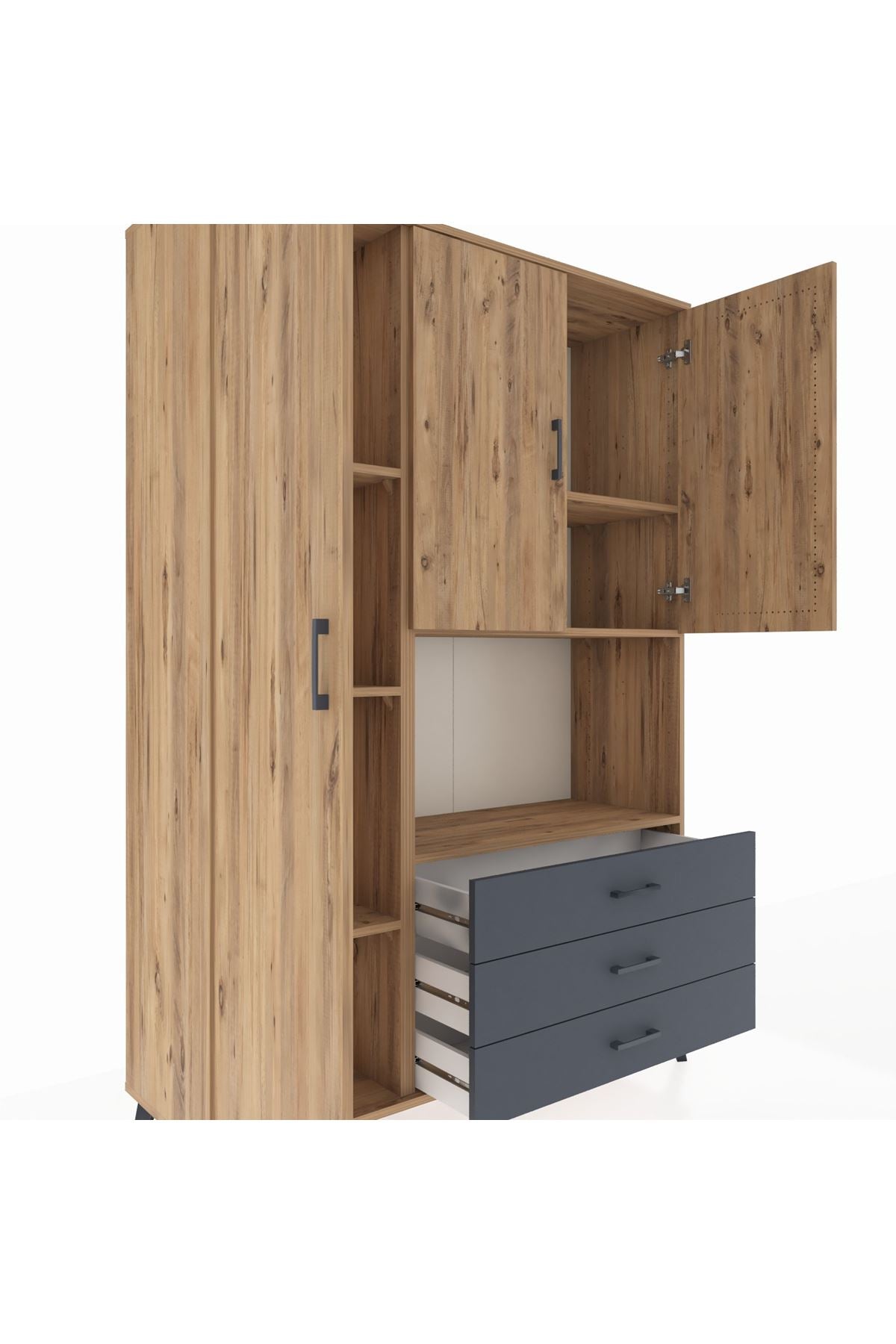Hyperion Dolap 6 Raflı 3 Çekmeceli 3 Kapaklı 132x44x195 Çam-Çam/Antrasit