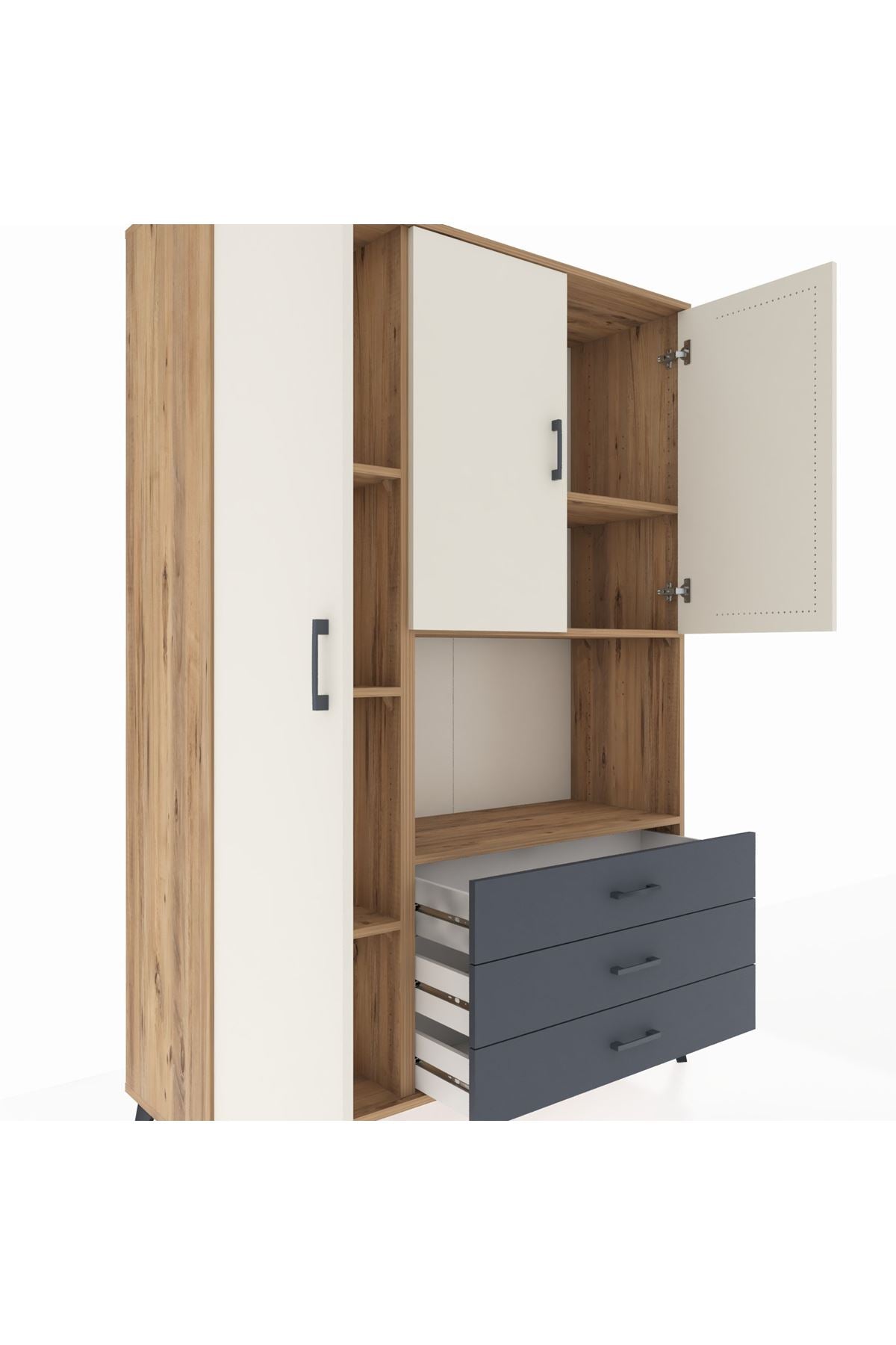 Hyperion Dolap 6 Raflı 3 Çekmeceli 3 Kapaklı 132x44x195 Çam-Aytaşı/Antrasit