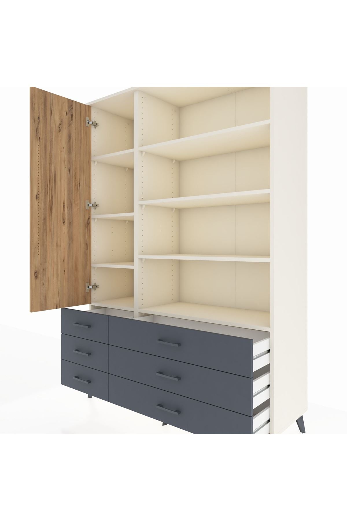 Hyperion Dolap 8 Raflı 6 Çekmeceli Tek Kapaklı  132x44x195 Aytaşı-Çam/Antrasit