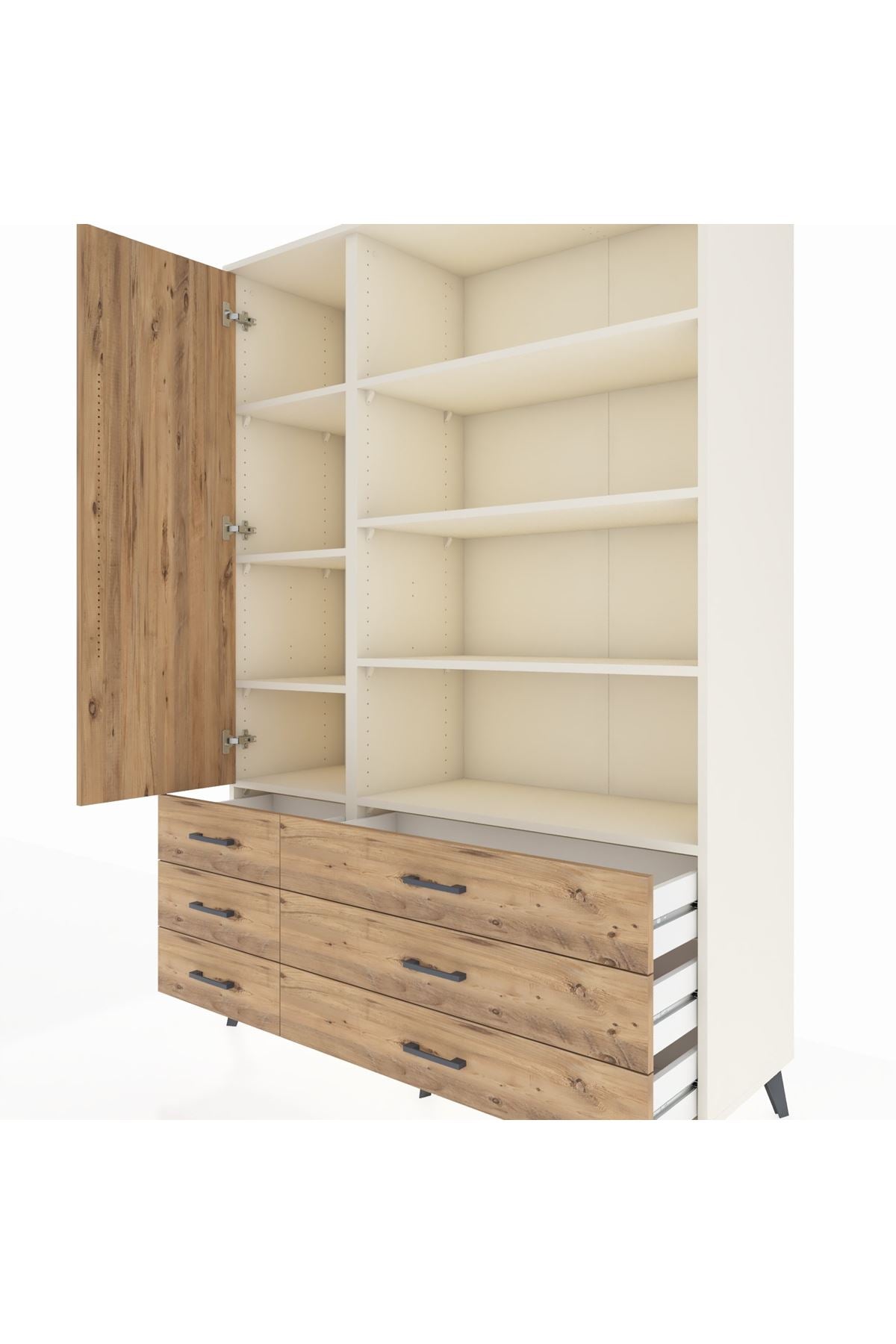 Hyperion Dolap 8 Raflı 6 Çekmeceli Tek Kapaklı  132x44x195 Aytaşı-Çam/Çam