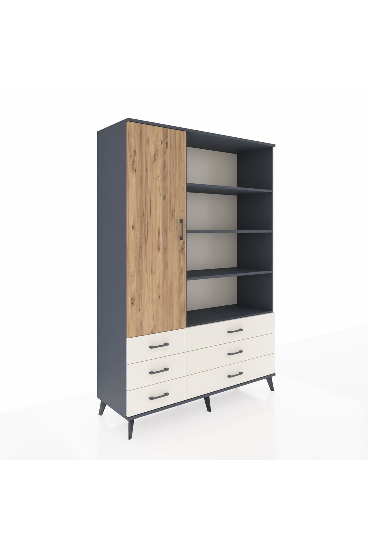 Hyperion Dolap 8 Raflı 6 Çekmeceli Tek Kapaklı  132x44x195 Antrasit-Çam/Aytaşı