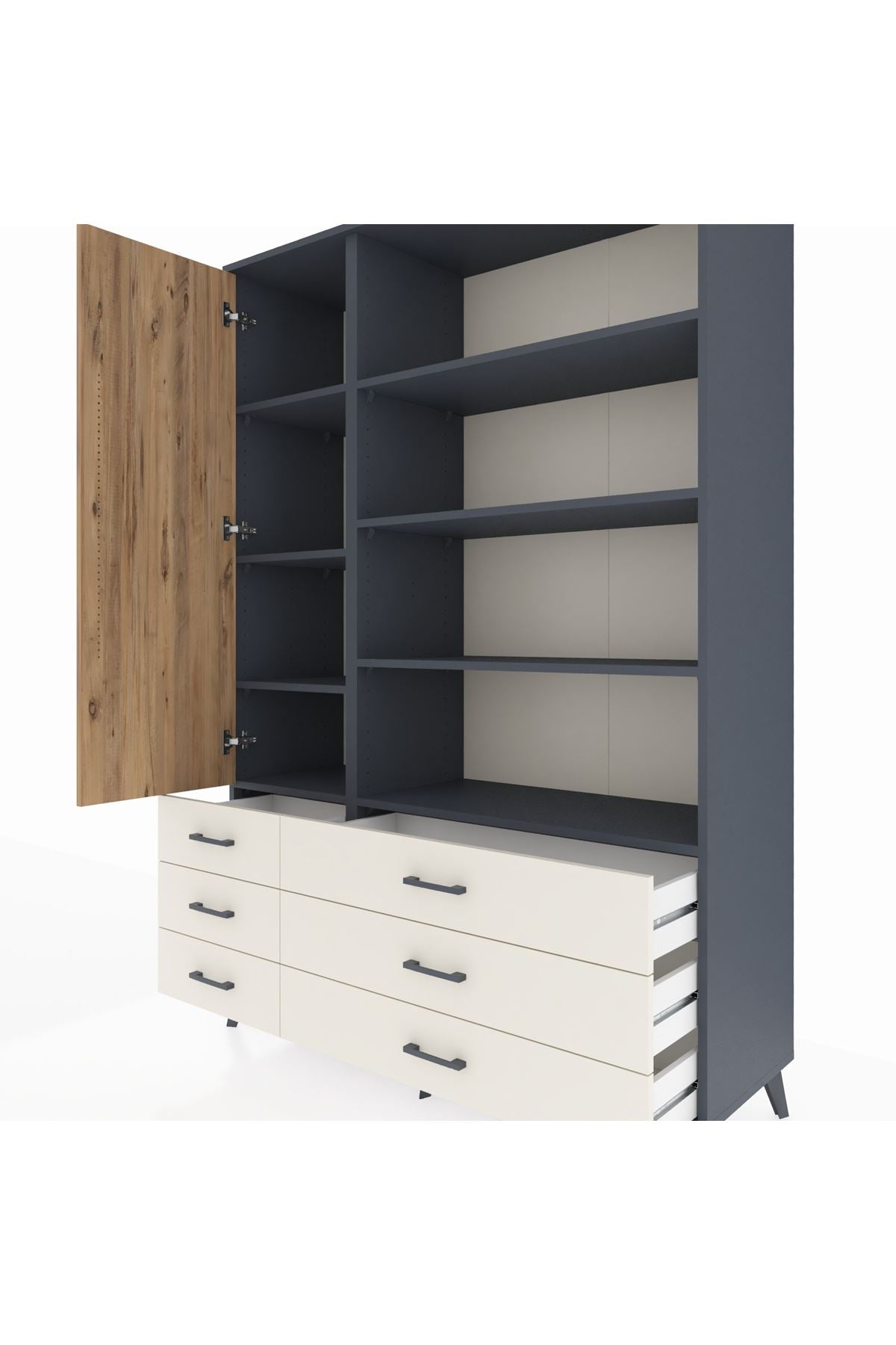 Hyperion Dolap 8 Raflı 6 Çekmeceli Tek Kapaklı  132x44x195 Antrasit-Çam/Aytaşı